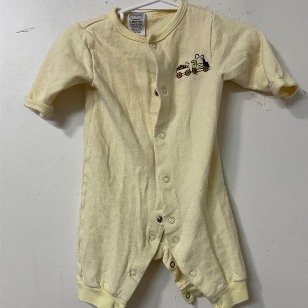 Starting Out Yellow Kids One Piece with Train Embroidery Y2K